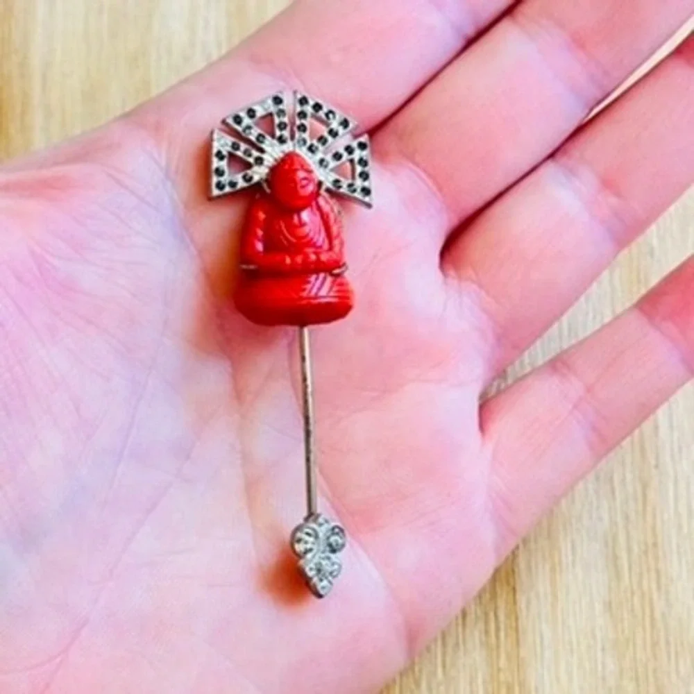Buddha Faux Coral Glass Jabot Stick Pin VTG Antique Paste Rhinestone Art Deco